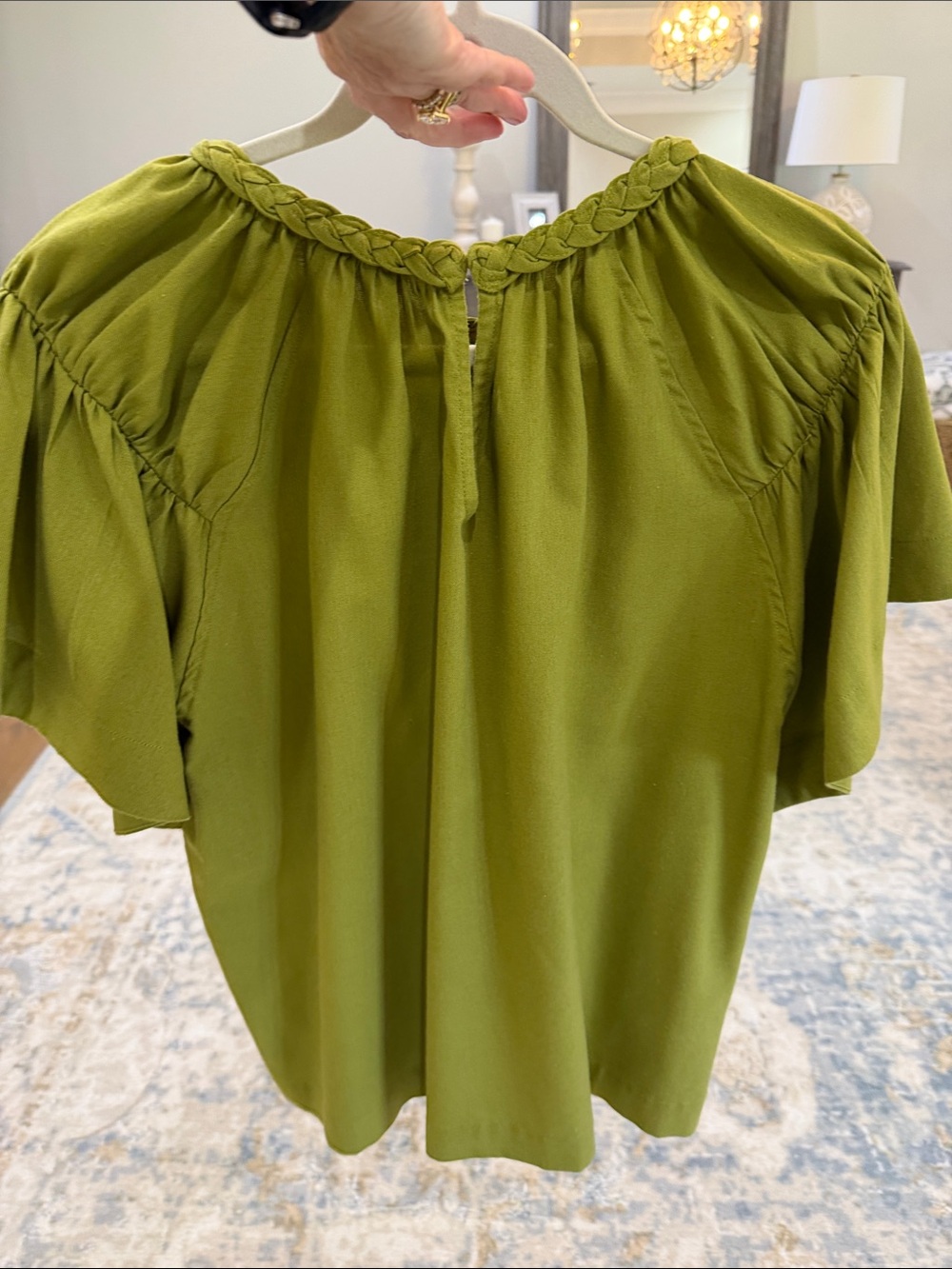 Olive Braided-Neck Flutter Sleeve Blouse - Picture 10 of 16